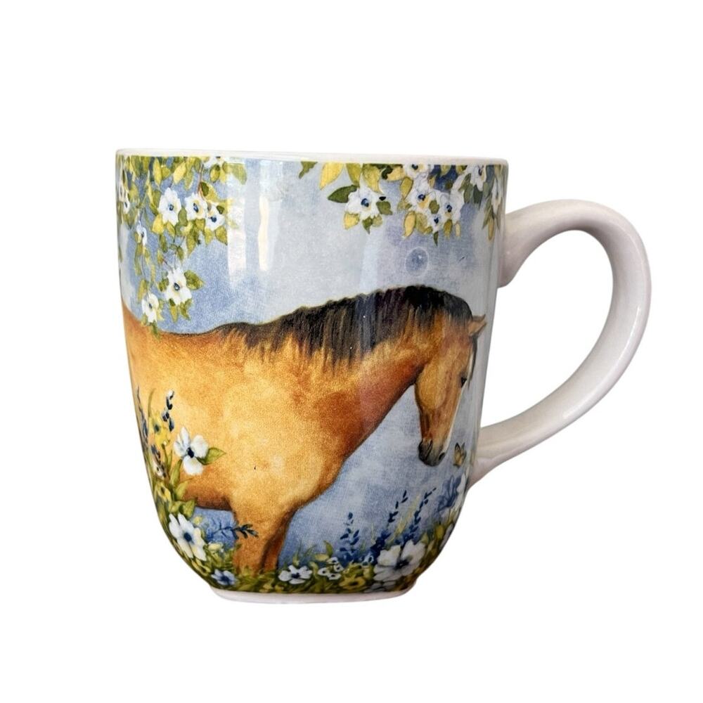 Rare Cracker Barrel Susan Winget Stoneware Coffee Mug Cup Horse Floral Rustic